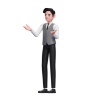 man with speaking gesture is presenting wearing a gray office vest png