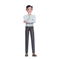 3D zakenman denken met vuist op kin, 3d render zakenman dragen blauwe shirt karakter illustratie png