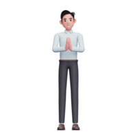 3d uomo con gesto namaste, rendering 3d illustrazione del carattere dell'uomo d'affari png