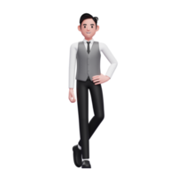 handsome man standing with hand on waist and legs crossed wearing a gray office vest png