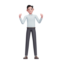 emocionado joven hombre de negocios haciendo gesto ganador, 3d render ilustración de personaje de hombre de negocios png