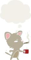 cartoon cat with coffee and cigar and thought bubble in retro style vector