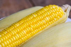 ripe corn cobs steamed or boiled sweetcorn for food vegan dinner or snack, cooked sweet corn background photo