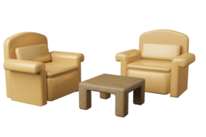set di divano giallo e tavolo in legno illustrazione 3d, divano di lusso con sedile vuoto png