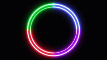 loop neon glanzende cirkel futuristisch geometrisch grafisch bewegende beelden, gloed animatie effect frame toekomst, uitzending kleurrijke verlichting voor billboard fluorescerende weergave in retro bar feest nachtleven video