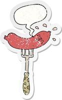 cartoon happy sausage on fork and speech bubble distressed sticker vector