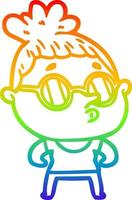 rainbow gradient line drawing cartoon woman wearing glasses vector