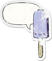 cartoon ice lolly and speech bubble distressed sticker vector