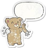 cartoon teddy bear and torn arm and speech bubble distressed sticker vector