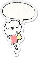 cute cartoon cloud head creature and speech bubble distressed sticker vector