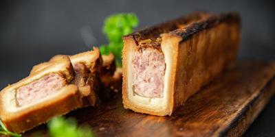 pate croute meat dough pork or beef, chicken french food fresh meal food snack on the table copy space food background photo