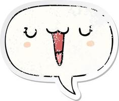 cute happy cartoon face and speech bubble distressed sticker vector