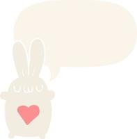 cute cartoon rabbit and love heart and speech bubble in retro style vector