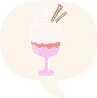 postre de helado de dibujos animados y burbuja de habla en estilo retro vector