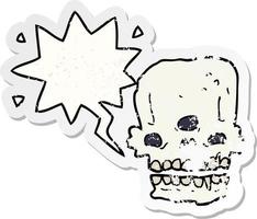 cartoon spooky skull and speech bubble distressed sticker vector