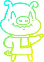 cold gradient line drawing nervous cartoon pig wearing scarf vector