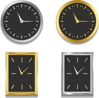 Wall clock set realistic silver and golden metallic in round and rectangular shape vector