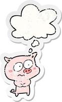 cartoon nervous pig and thought bubble as a distressed worn sticker vector