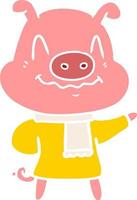 nervous flat color style cartoon pig wearing scarf vector