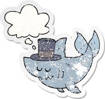tiburón de dibujos animados con sombrero de copa y burbuja de pensamiento como una pegatina gastada angustiada vector