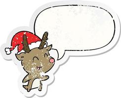 cartoon christmas reindeer and speech bubble distressed sticker vector