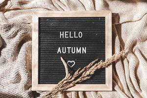 Autumnal Background. Black letter board with text phrase Hello Autumn and dried grass lying on white knitted sweater. Top view, flat lay. Thanksgiving banner. Hygge mood cold weather concept photo