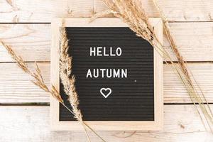 Autumnal Background. Black letter board with text phrase Hello Autumn and dried plant lying on wooden palnks. Top view, flat lay. Thanksgiving banner. Hygge mood cold weather concept photo