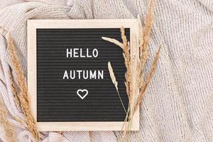 Autumnal Background. Black letter board with text phrase Hello Autumn and dried grass lying on white knitted sweater. Top view, flat lay. Thanksgiving banner. Hygge mood cold weather concept photo