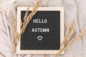 Autumnal Background. Black letter board with text phrase Hello Autumn and dried grass lying on white knitted sweater. Top view, flat lay. Thanksgiving banner. Hygge mood cold weather concept photo