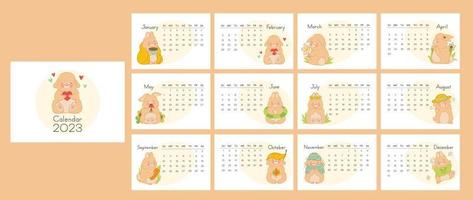 Vector vertical calendar 2023 with symbol of the year rabbit. Cute funny kawaii character baby bunny. Week starts in Sunday. Template with cover in size A4 A3 A2 A5.