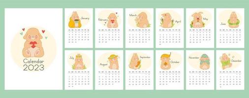Vector vertical calendar 2023 with symbol of the year rabbit. Cute funny kawaii character baby bunny. Week starts in Sunday. Template with cover in size A4 A3 A2 A5.