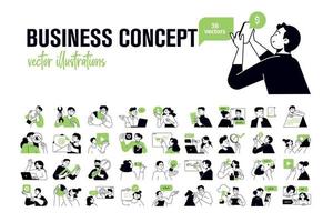 Business concept illustrations. Set of people vector illustrations in various activities of business management, online communication, e-commerce, project management, finance and marketing.