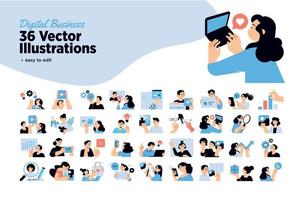conjunto de ilustraciones de personas de negocios digitales. ilustraciones vectoriales de diseño plano de negocios en línea, puesta en marcha, gestión, desarrollo de proyectos, comunicación, redes sociales. vector
