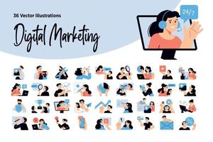 Set of digital marketing people illustrations. Flat design vector concepts of internet marketing, web and app design and development, seo, social network.