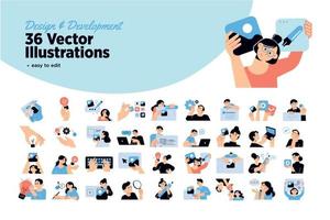 Set of design and development people illustrations. Flat design vector illustrations of graphic and web design and development, social media, creative process, app development.