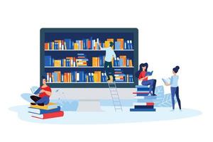 Library, book store and e-book. Vector illustrations of a man and a woman read books in front of the bookshelf. Concepts for graphic and web design, bookstore and library, e-book.