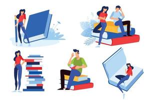 Education. Vector illustrations of people with books. Concepts for graphic and web design, marketing material, business presentation templates, education, bookstore and library, e-book.