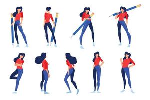 Vector illustrations of woman in different poses with pencil. Concepts for graphic and web design, marketing material, business presentation templates.