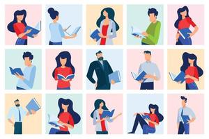 Vector illustrations of different people read books. Concepts for graphic and web design, marketing material, business presentation templates, education, book store and library, e-book.