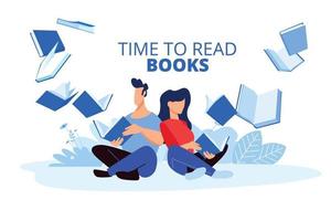 Time to read books. Vector illustrations of a man and a woman read books. Concepts for graphic and web design, marketing material, education, book store and library, e-book.
