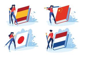 Language school and courses. Vector illustrations of woman in different poses with pencil and a book for learning a foreign language. Concepts for graphic and web design.