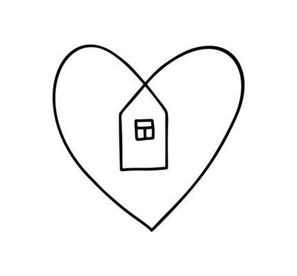 House with heart vector hand drawn monoline logo icon real estate, shape within. love home symbol, illustration isolated on white background