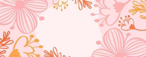 Pink banner summer floral composition with place for text in center. Botanical illustration of red flowers and leaves. Greeting card spring for printing, birthday, advertising, banner vector