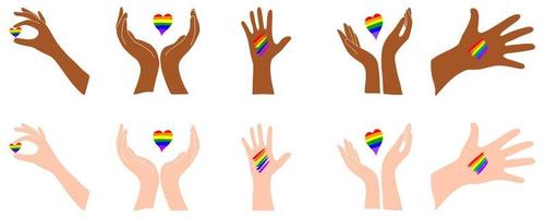 A set of hands with a heart. Rainbow heart. Light and dark skin. LGBT vector
