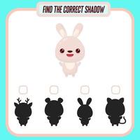 Find the right shadow. Cute cartoon rabbit. Educational game with animals. Logic games for children with an answer. A training card with a task for preschool and kindergarten children vector