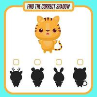 Find the right shadow. Cute cartoon tiger. Educational game with animals. Logic games for children with an answer. A training card with a task for preschool and kindergarten children vector