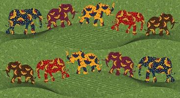 tela estampada africana o tailandesa, elefantes étnicos adornos hechos a mano para su diseño, coloridos motivos tribales de flores afro, elementos geométricos ondulados. textura vectorial, estilo de moda ankara textil ondulado africano