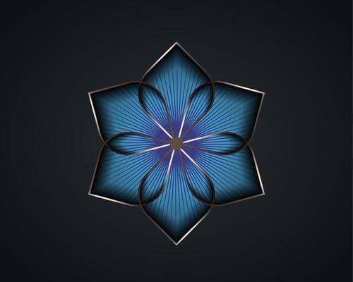 Silver lotus flower mandala, Seed of life symbol Sacred Geometry. Logo icon  Geometric mystic of alchemy esoteric blue Flower. Vector gold metal line art divine meditative amulet isolated on black