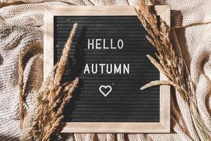 Autumnal Background. Black letter board with text phrase Hello Autumn and dried grass lying on white knitted sweater. Top view, flat lay. Thanksgiving banner. Hygge mood cold weather concept photo