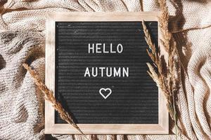 Autumnal Background. Black letter board with text phrase Hello Autumn and dried grass lying on white knitted sweater. Top view, flat lay. Thanksgiving banner. Hygge mood cold weather concept photo